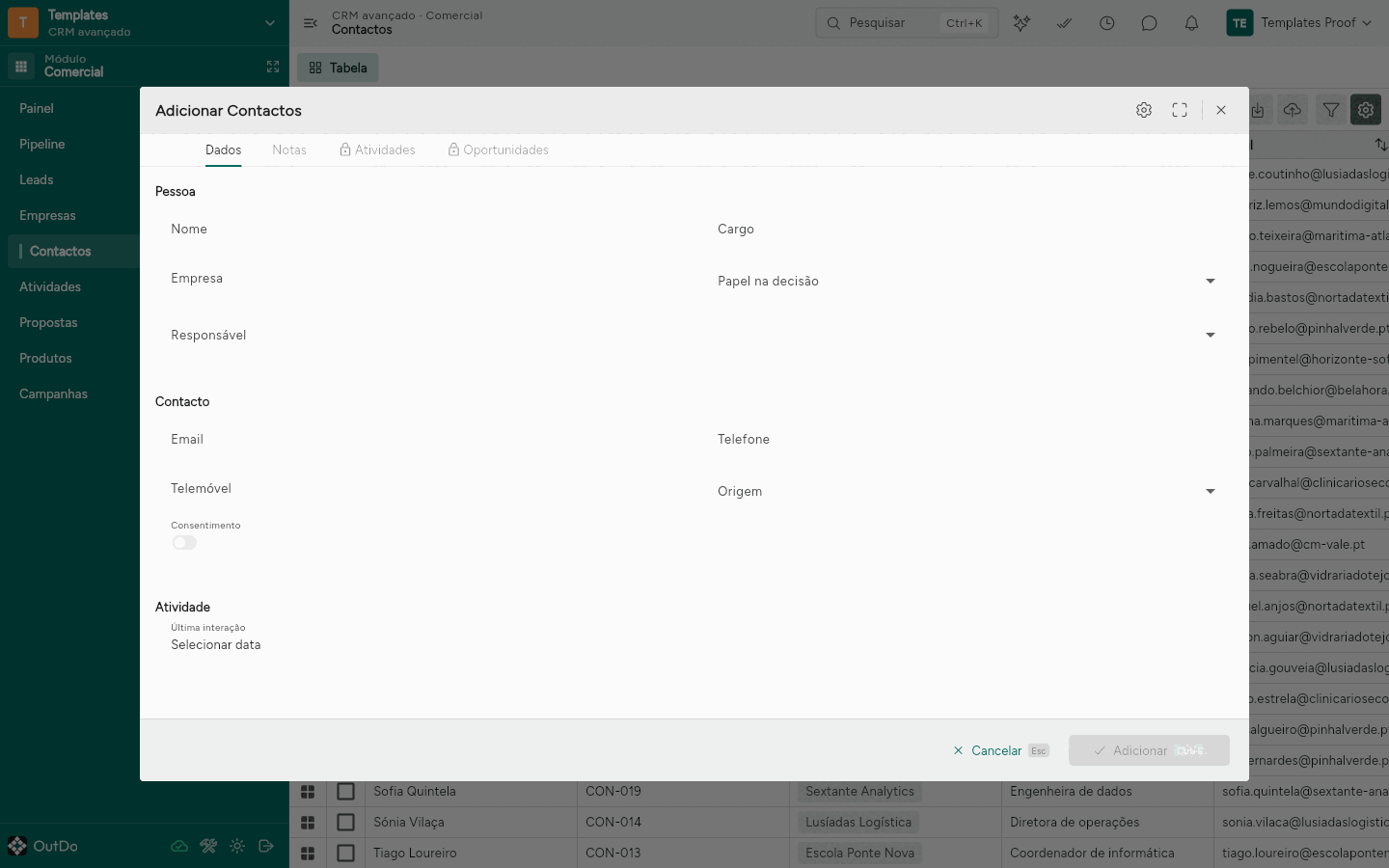 Diálogo Adicionar Contactos, com as secções Pessoa, Contacto e Atividade