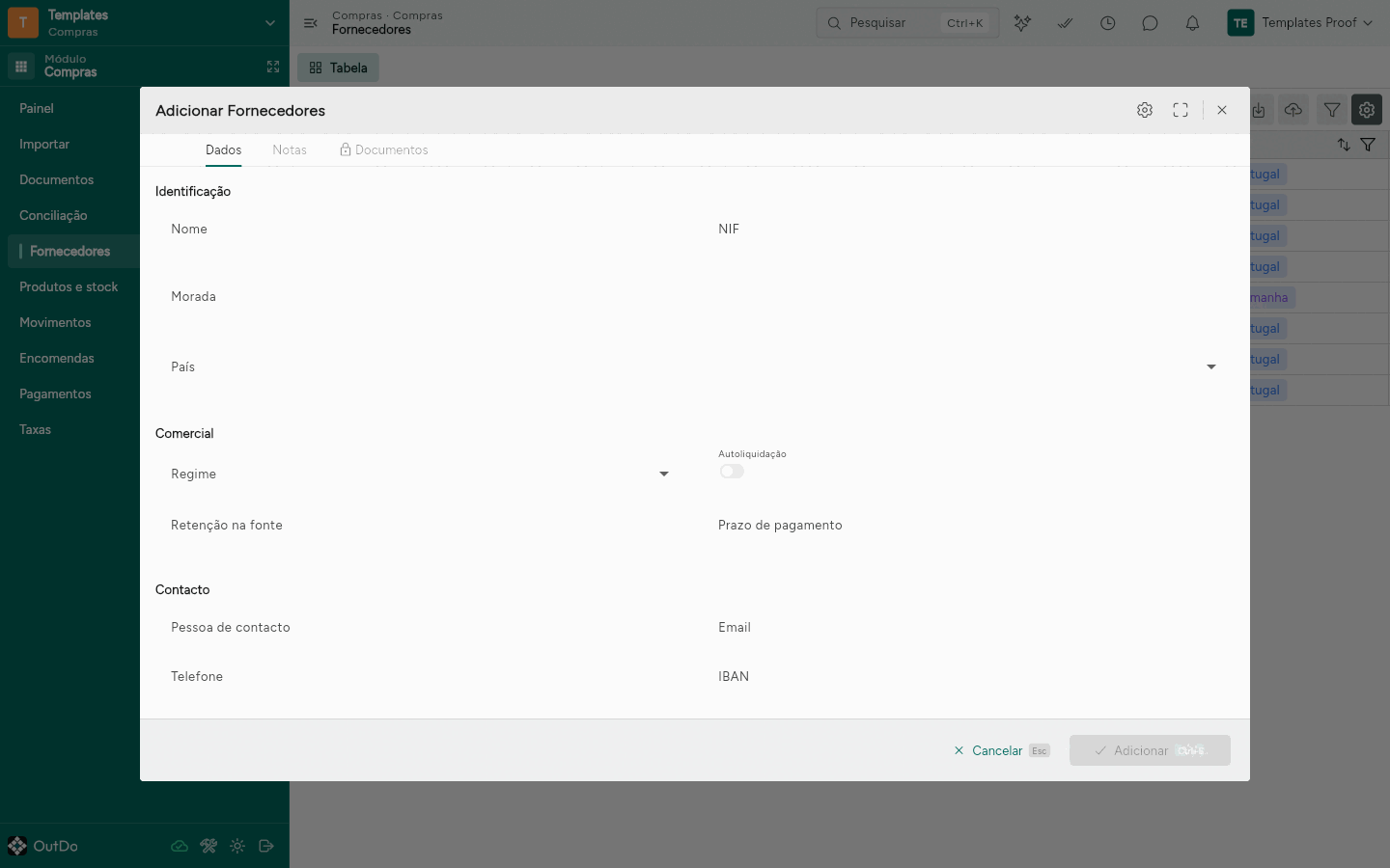 Diálogo Adicionar Fornecedores, na secção Identificação