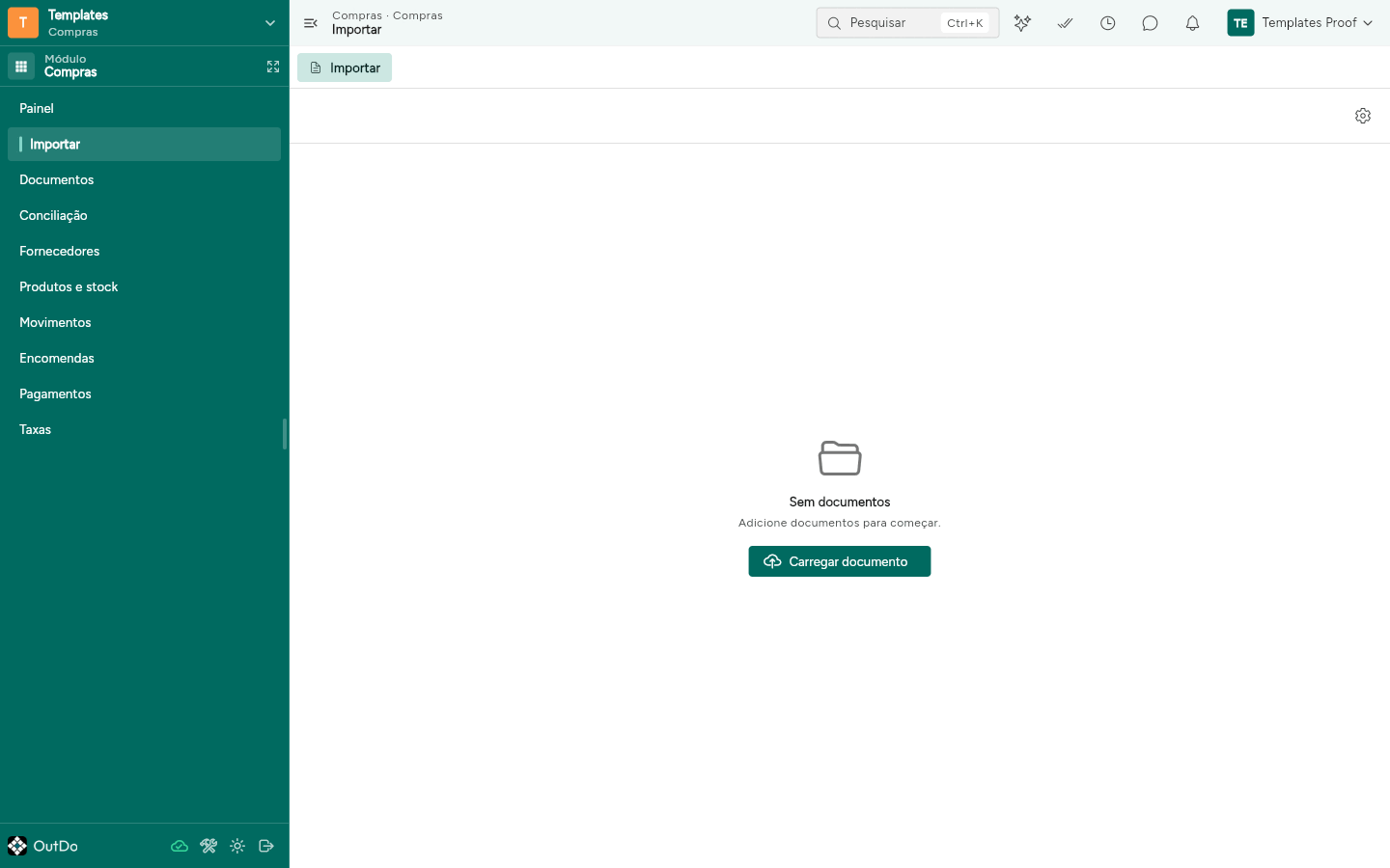 Vista de documentos vazia, com Sem documentos e o botão Carregar documento