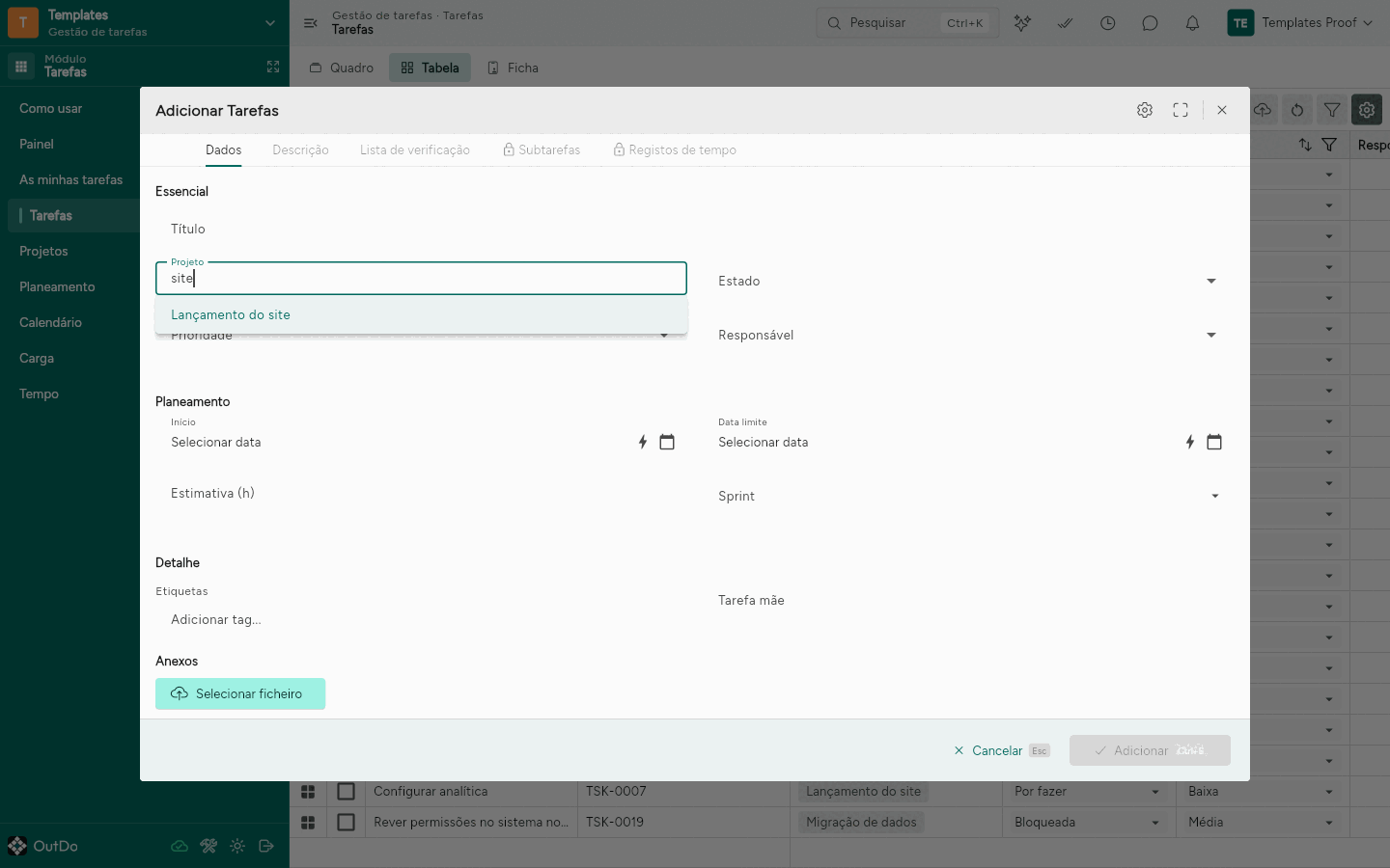Campo Projeto com a lista de registos da tabela ligada aberta