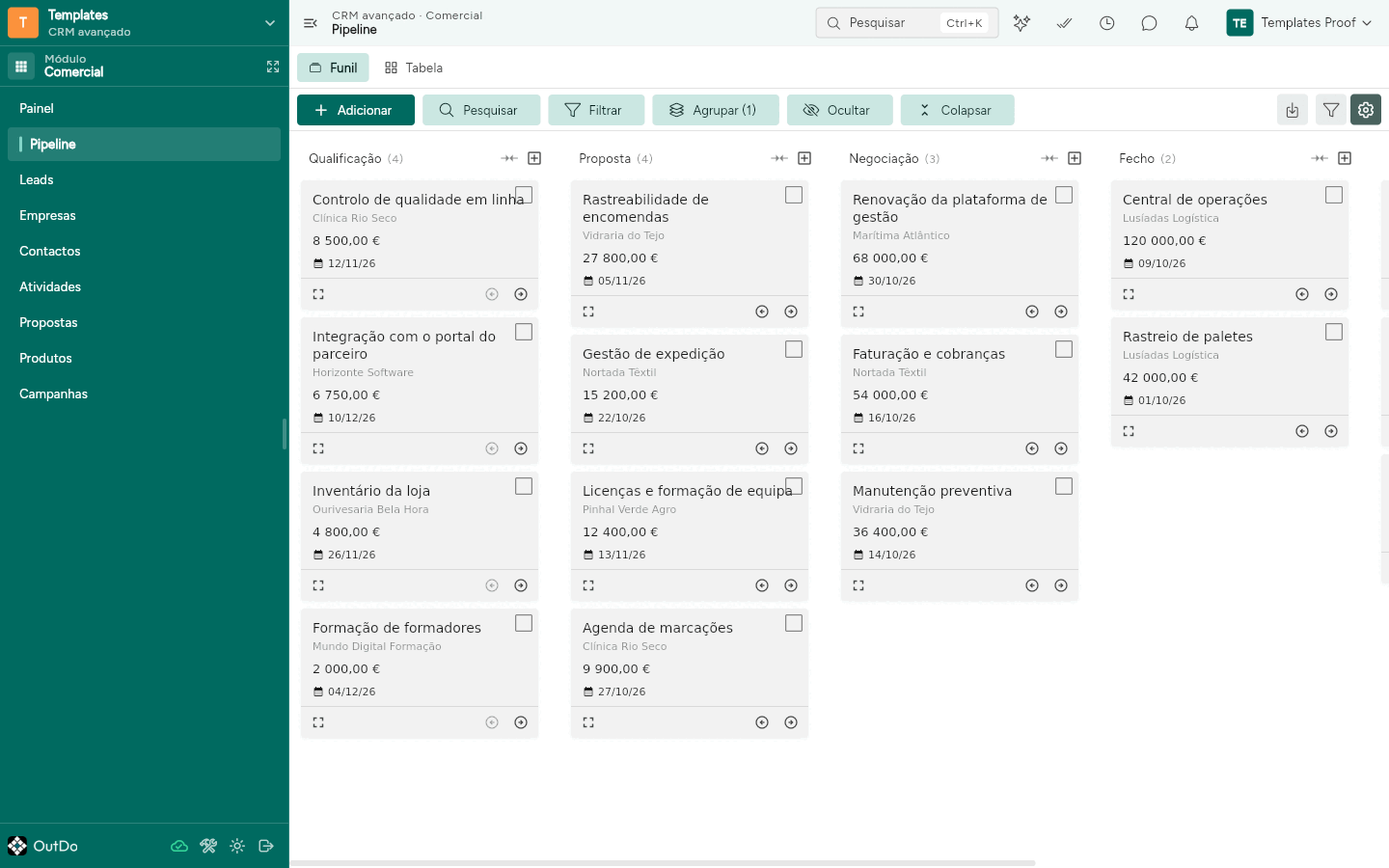 Funil com as fases e os cartões das oportunidades