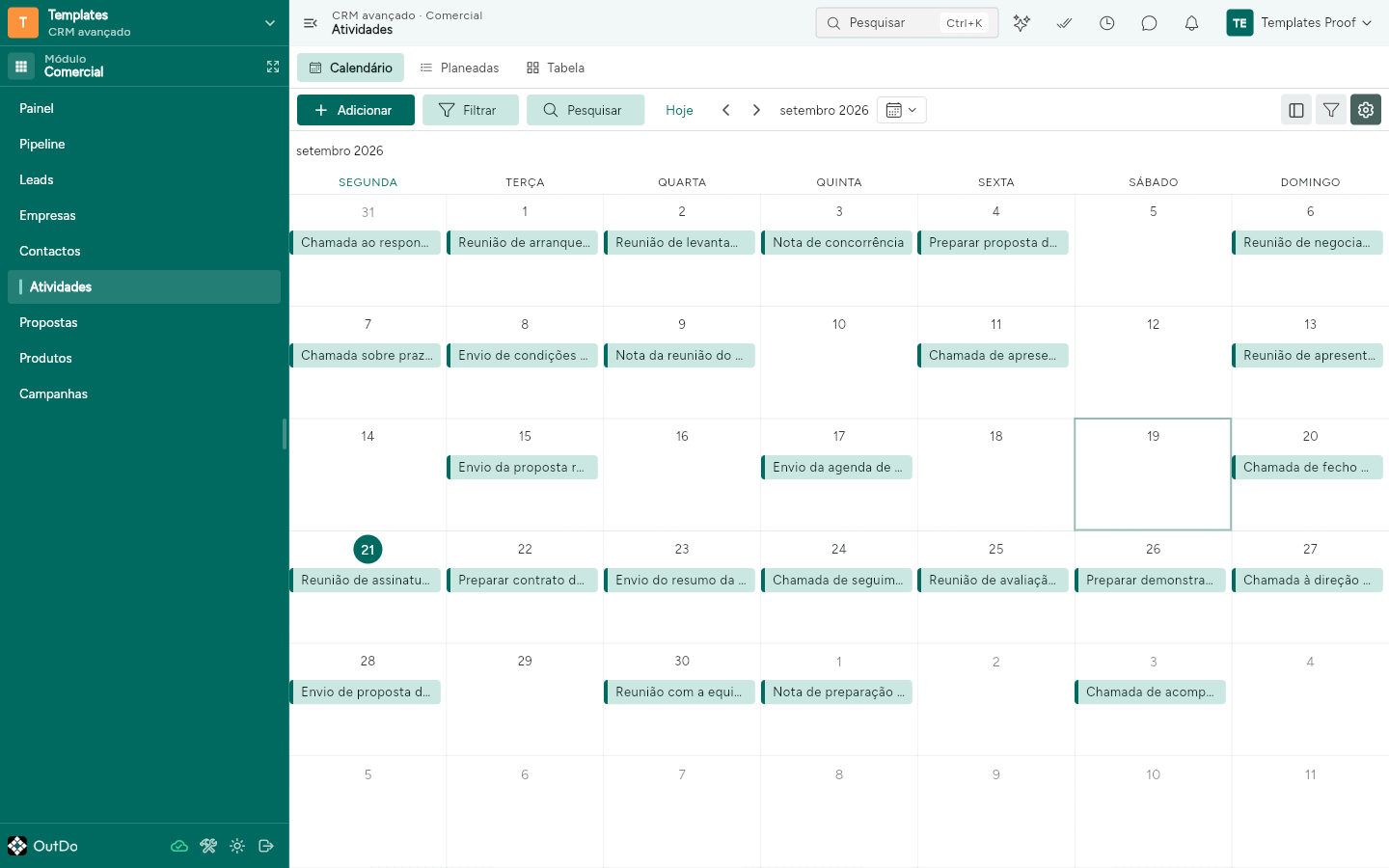 Calendário das atividades no modo mês