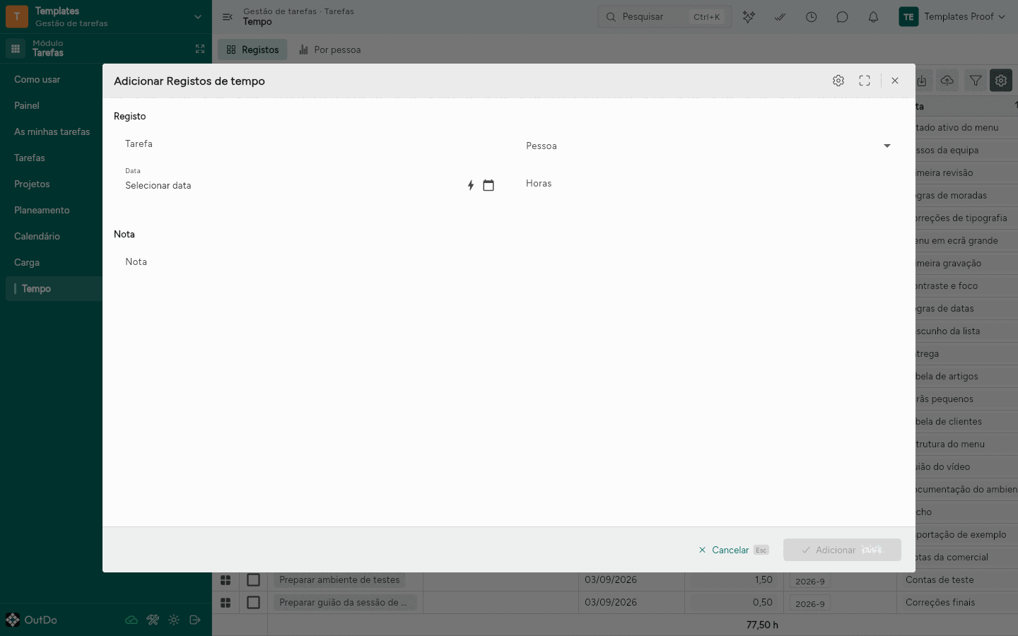 Diálogo Adicionar Registos de tempo, com as secções Registo e Nota