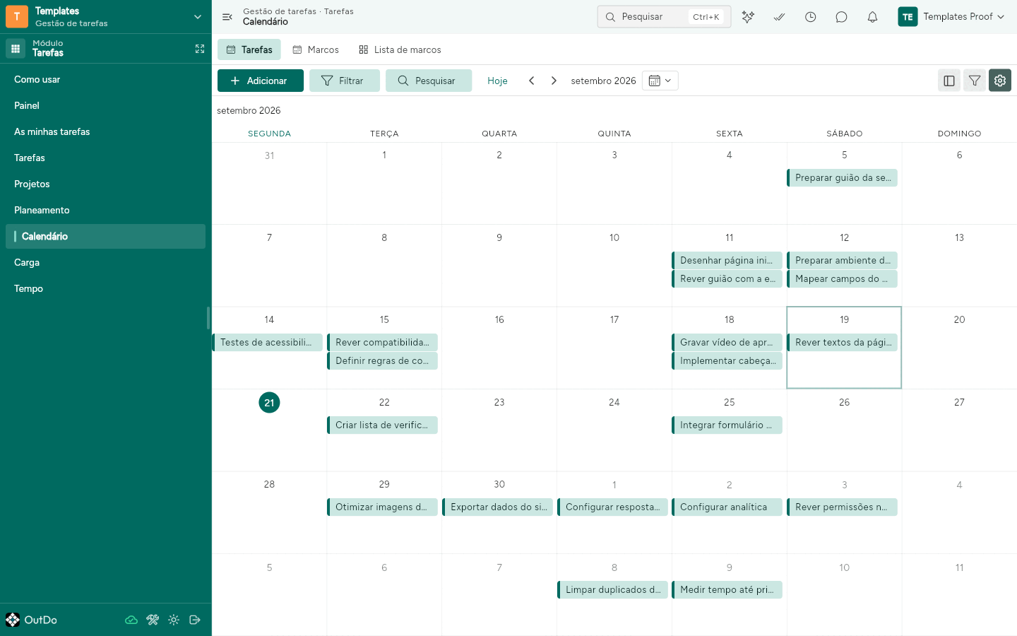 Calendário no modo mês, com as tarefas nos respetivos dias