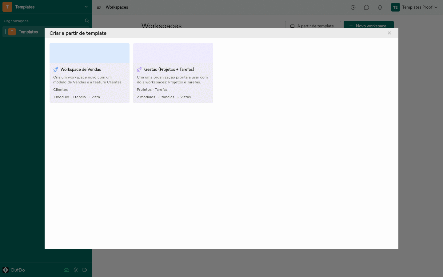 Galeria Criar a partir de template com os modelos da organização