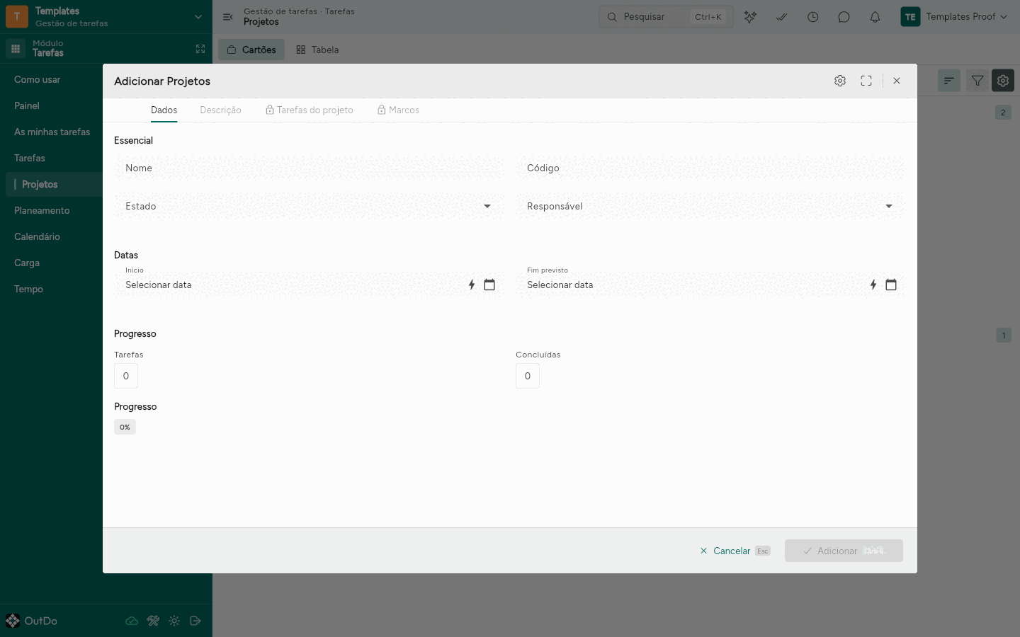 Diálogo Adicionar Projetos, com as secções Essencial, Datas e Progresso