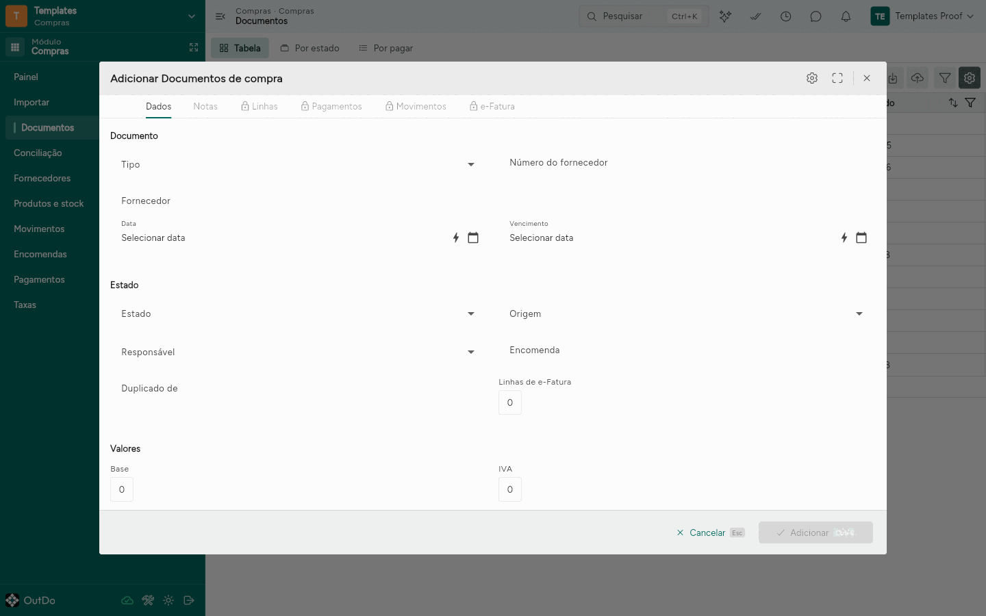 Diálogo Adicionar Documentos de compra, na secção Documento