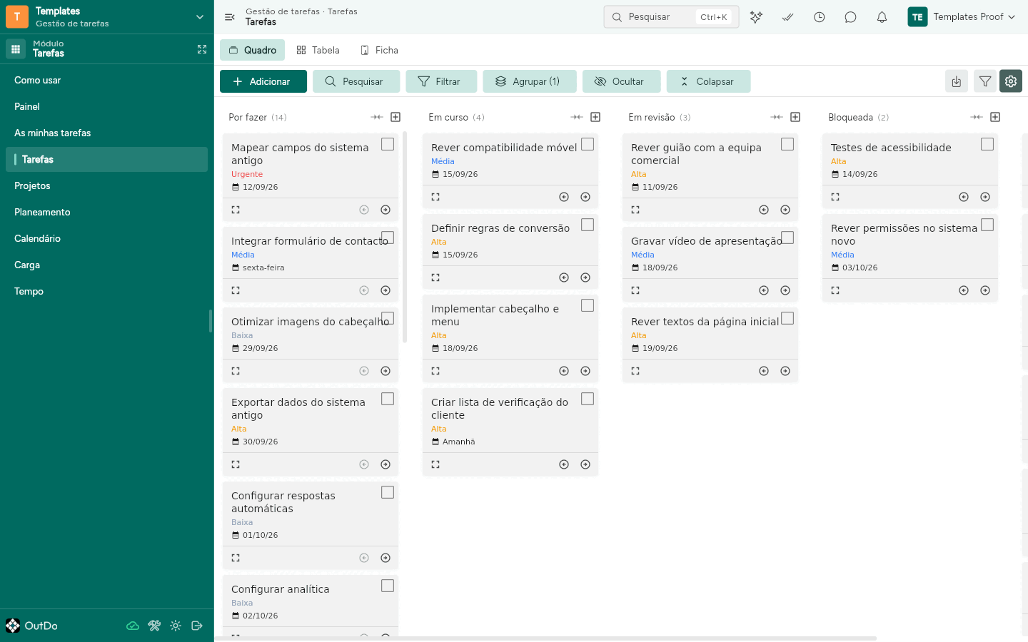 Quadro com as colunas por estado e os cartões das tarefas